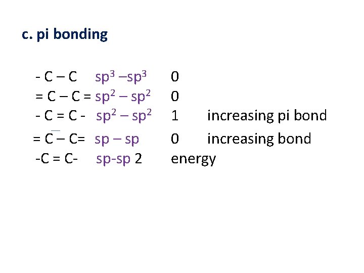 c. pi bonding - C – C sp 3 –sp 3 = C –