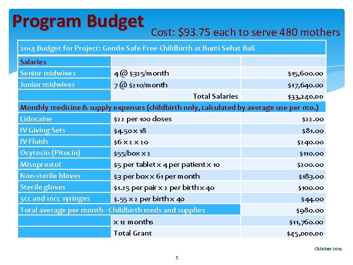 Program Budget Cost: $93. 75 each to serve 480 mothers 2014 Budget for Project: