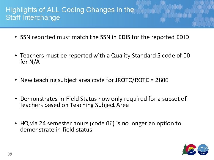 Highlights of ALL Coding Changes in the Staff Interchange • SSN reported must match