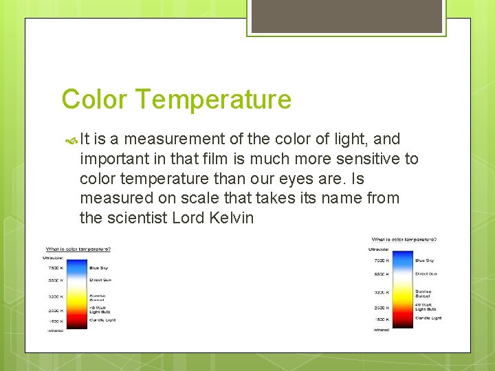 Color Temperature It is a measurement of the color of light, and important in