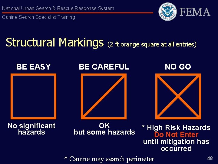 National Urban Search & Rescue Response System Canine Search Specialist Training Structural Markings BE