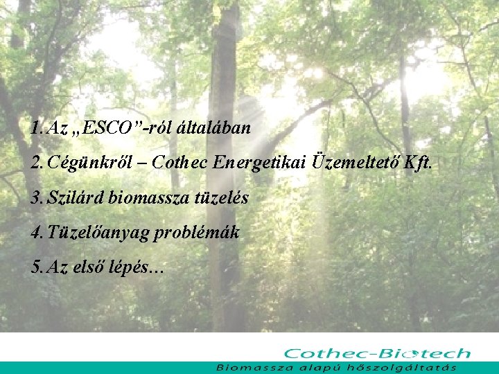 1. Az „ESCO”-ról általában 2. Cégünkről – Cothec Energetikai Üzemeltető Kft. 3. Szilárd biomassza