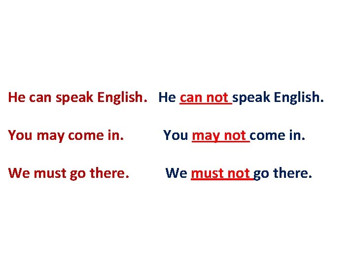 He can speak English. He can not speak English. You may come in. You