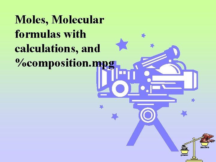 Moles, Molecular formulas with calculations, and %composition. mpg 