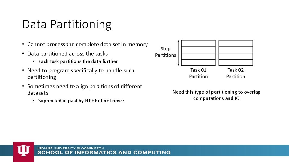 Data Partitioning • Cannot process the complete data set in memory • Data partitioned Data Partitioning • Cannot process the complete data set in memory • Data partitioned