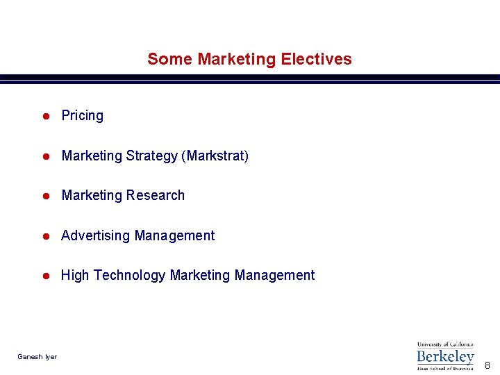 Some Marketing Electives l Pricing l Marketing Strategy (Markstrat) l Marketing Research l Advertising