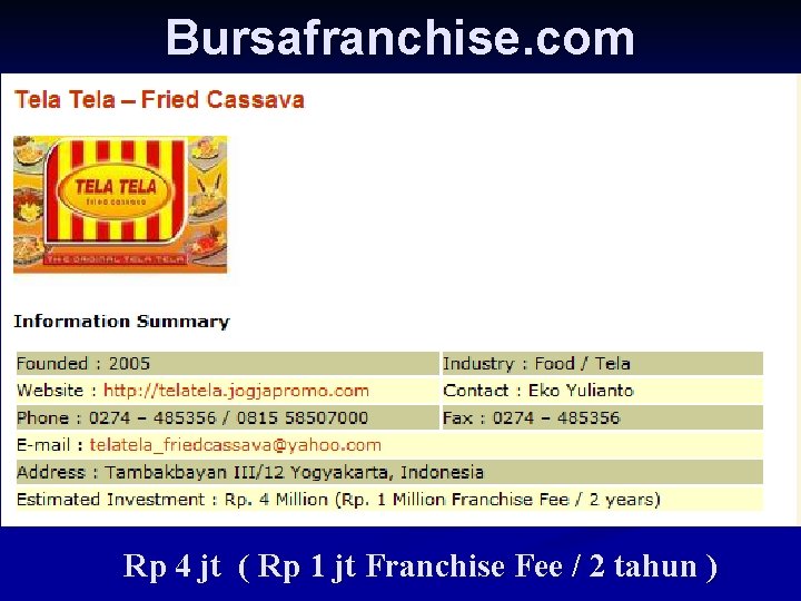 Bursafranchise. com Rp 4 jt ( Rp 1 jt Franchise Fee / 2 tahun