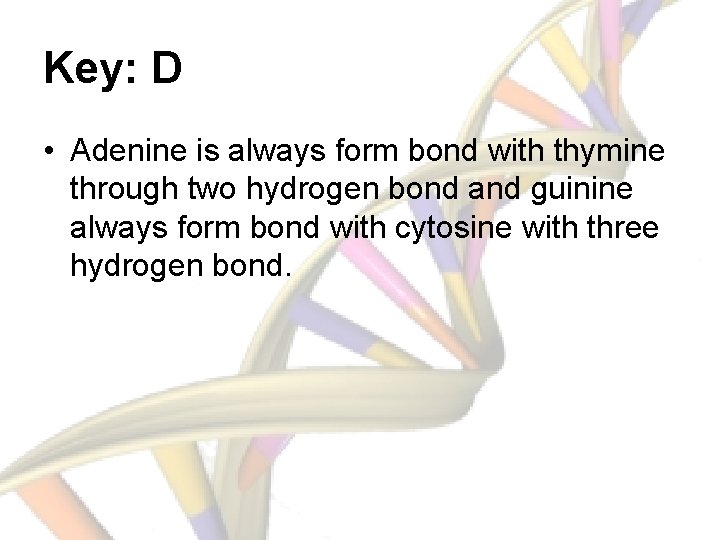 Key: D • Adenine is always form bond with thymine through two hydrogen bond