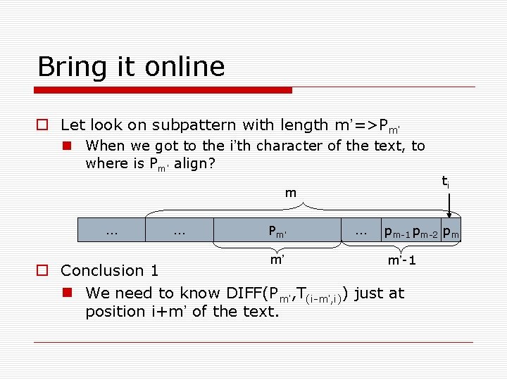 Bring it online Let look on subpattern with length m’=>Pm’ When we got to