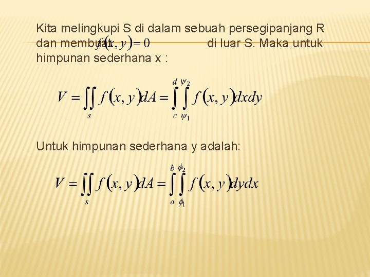 Kita melingkupi S di dalam sebuah persegipanjang R dan membuat di luar S. Maka