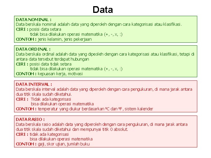 Data DATA NOMINAL : Data berskala nominal adalah data yang diperoleh dengan cara kategorisasi