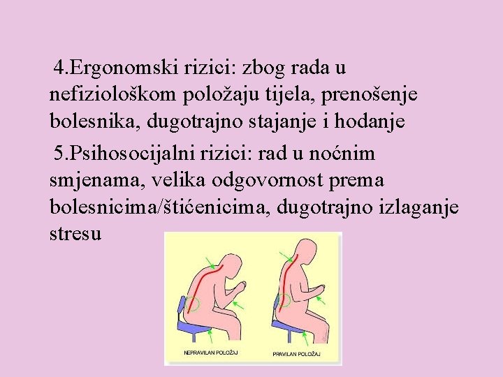 4. Ergonomski rizici: zbog rada u nefiziološkom položaju tijela, prenošenje bolesnika, dugotrajno stajanje i