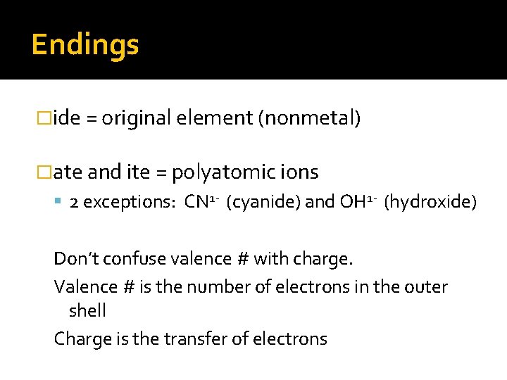 Endings �ide = original element (nonmetal) �ate and ite = polyatomic ions 2 exceptions: