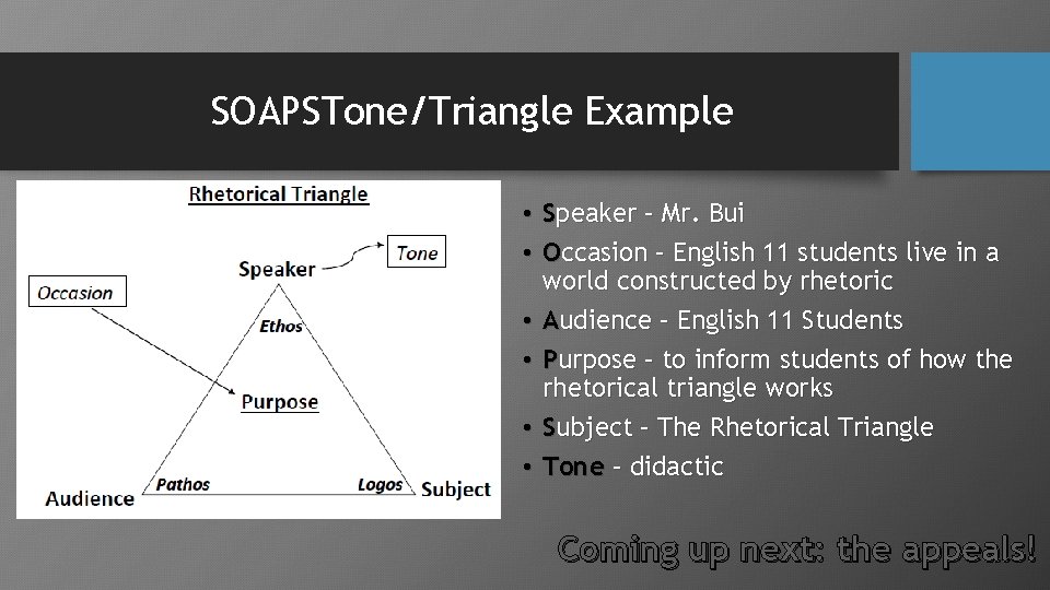SOAPSTone/Triangle Example • • • Speaker – Mr. Bui Occasion – English 11 students