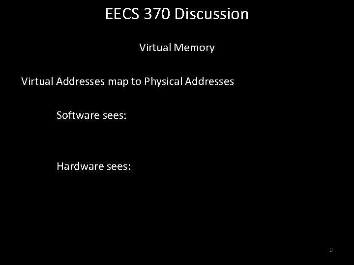 EECS 370 Discussion Virtual Memory Virtual Addresses map to Physical Addresses Software sees: Hardware