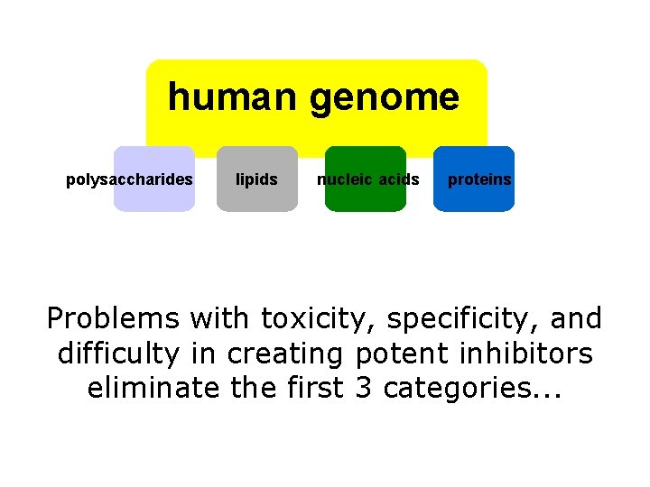 human genome polysaccharides lipids nucleic acids proteins Problems with toxicity, specificity, and difficulty in