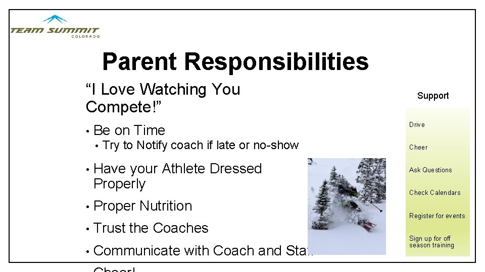 Parent Responsibilities “I Love Watching You Compete!” • Be • Drive on Time Try