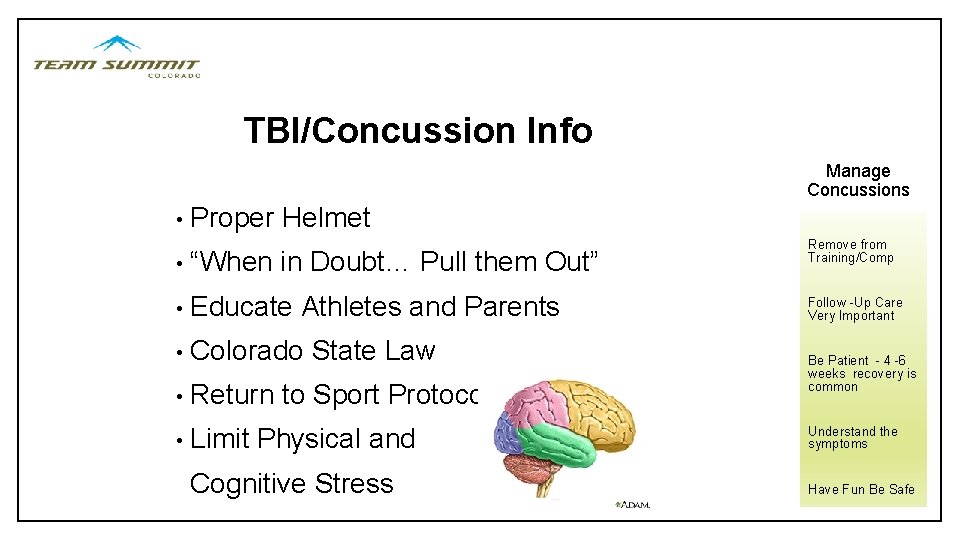 TBI/Concussion Info Manage Concussions • Proper • “When Helmet in Doubt… Pull them Out”