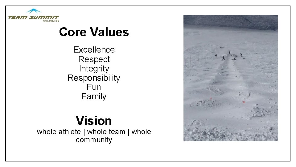 Core Values Excellence Respect Integrity Responsibility Fun Family Vision whole athlete | whole team