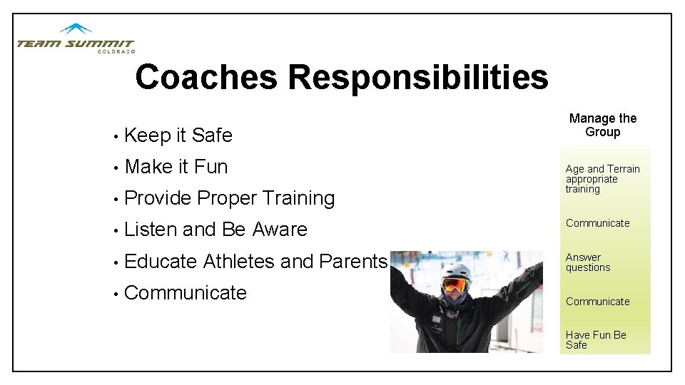 Coaches Responsibilities • Keep it Safe • Make it Fun • Provide • Listen