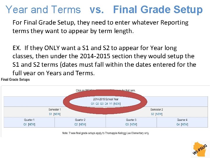 Year and Terms vs. Final Grade Setup For Final Grade Setup, they need to