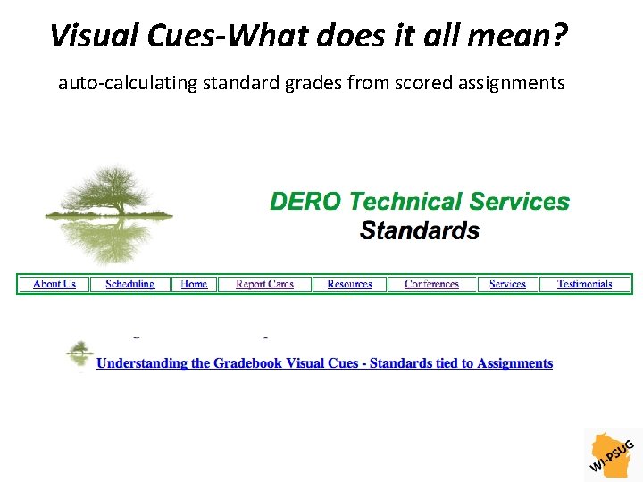 Visual Cues-What does it all mean? auto-calculating standard grades from scored assignments 