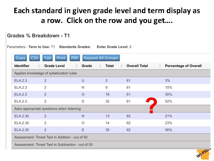 Each standard in given grade level and term display as a row. Click on