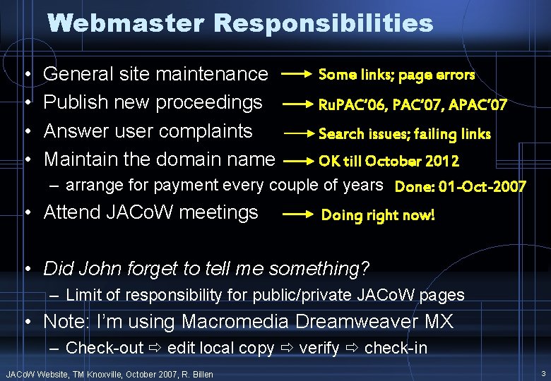 Webmaster Responsibilities • • General site maintenance Publish new proceedings Answer user complaints Maintain