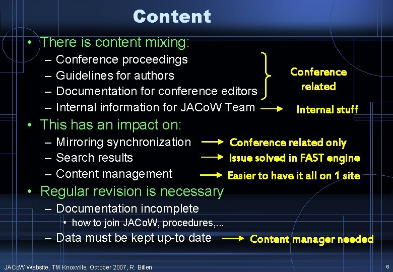 Content • There is content mixing: – – Conference proceedings Guidelines for authors Documentation