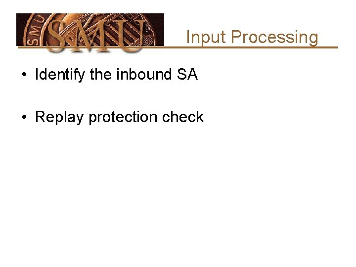 Input Processing • Identify the inbound SA • Replay protection check 