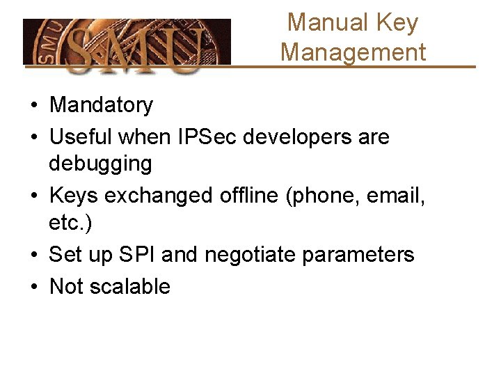Manual Key Management • Mandatory • Useful when IPSec developers are debugging • Keys