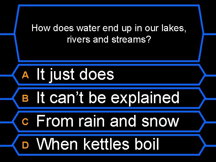 How does water end up in our lakes, rivers and streams? A B C