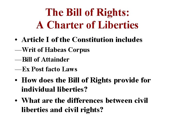 The Bill of Rights: A Charter of Liberties • Article I of the Constitution