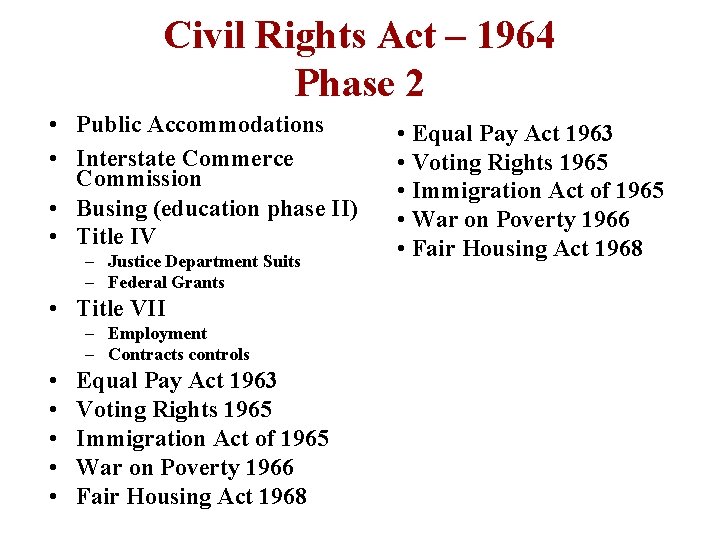 Civil Rights Act – 1964 Phase 2 • Public Accommodations • Interstate Commerce Commission