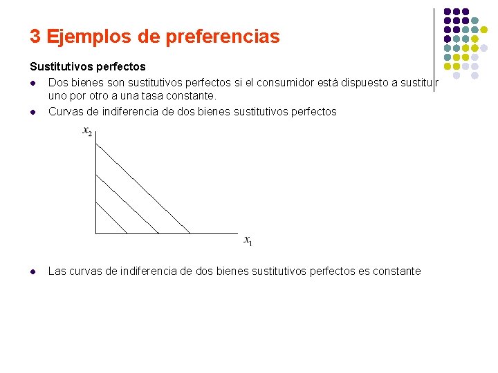 3 Ejemplos de preferencias Sustitutivos perfectos l Dos bienes son sustitutivos perfectos si el