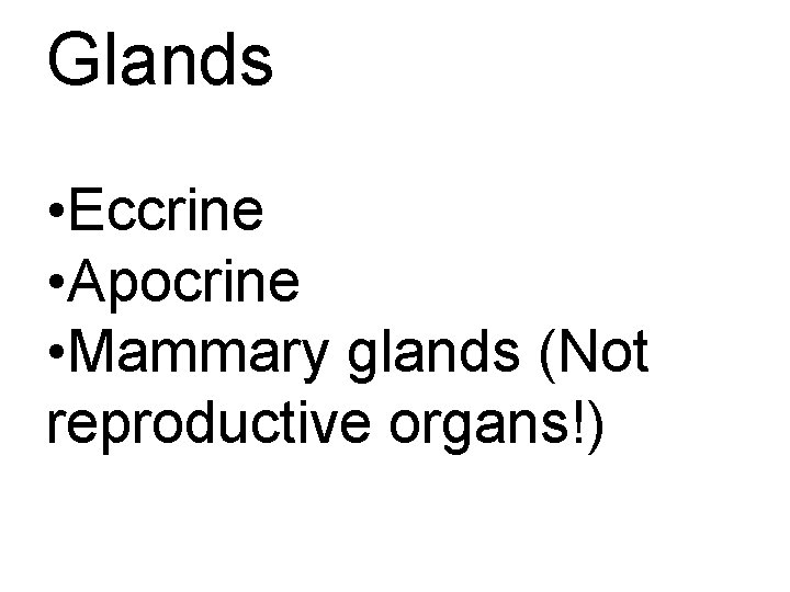 Glands • Eccrine • Apocrine • Mammary glands (Not reproductive organs!) 