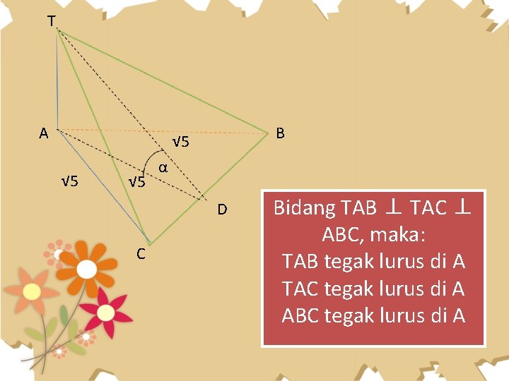 T A B √ 5 √ 5 α D C Bidang TAB ⊥ TAC