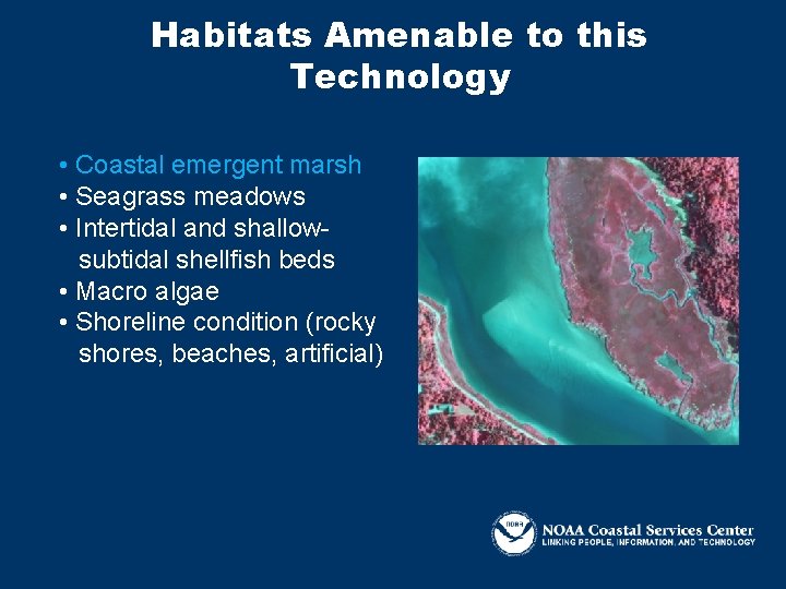 Habitats Amenable to this Technology • Coastal emergent marsh • Seagrass meadows • Intertidal