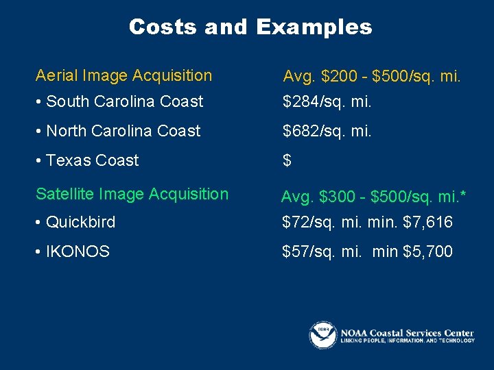 Costs and Examples Aerial Image Acquisition Avg. $200 - $500/sq. mi. • South Carolina