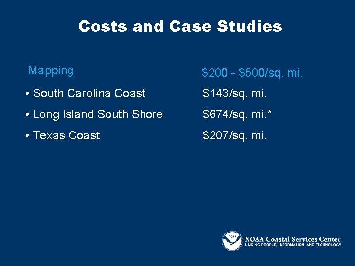 Costs and Case Studies Mapping $200 - $500/sq. mi. • South Carolina Coast $143/sq.