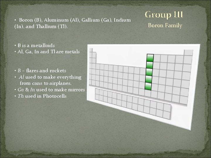  • Boron (B), Aluminum (Al), Gallium (Ga), Indium (In), and Thallium (Tl). •