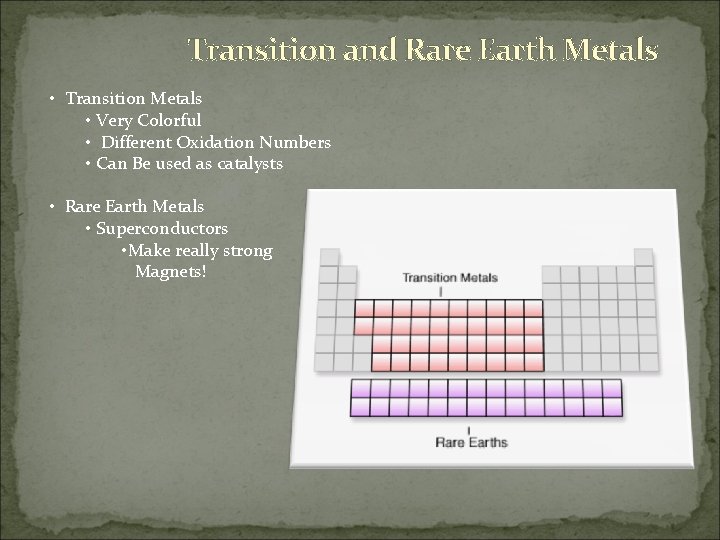 Transition and Rare Earth Metals • Transition Metals • Very Colorful • Different Oxidation