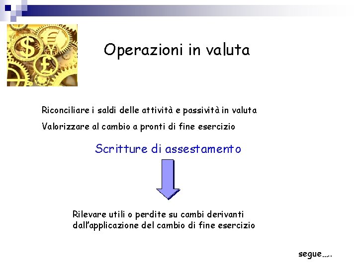 Operazioni in valuta Riconciliare i saldi delle attività e passività in valuta Valorizzare al