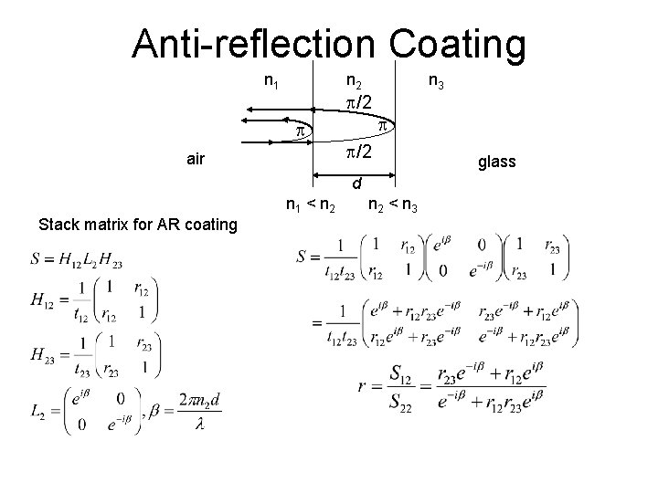 Anti-reflection Coating n 1 n 2 /2 air n 3 /2 d n 1