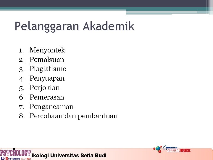 Pelanggaran Akademik 1. 2. 3. 4. 5. 6. 7. 8. Menyontek Pemalsuan Plagiatisme Penyuapan