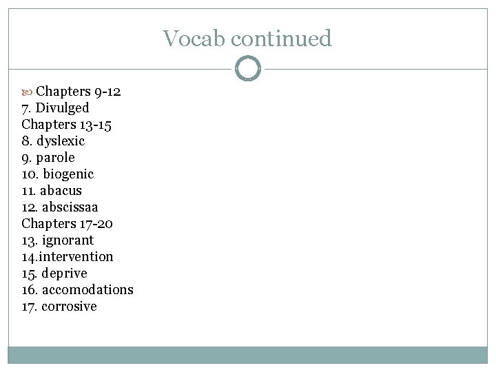 Vocab continued Chapters 9 -12 7. Divulged Chapters 13 -15 8. dyslexic 9. parole