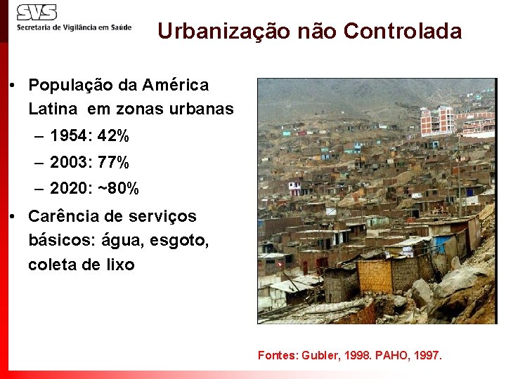 Urbanização não Controlada • População da América Latina em zonas urbanas – 1954: 42%