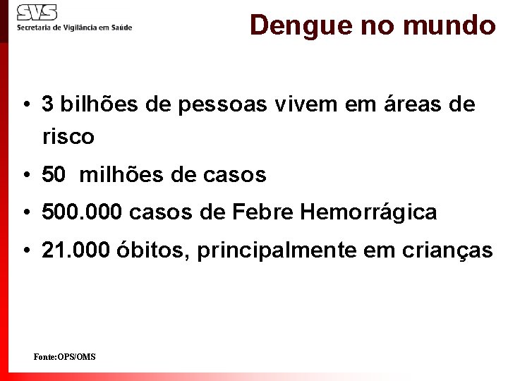 Dengue no mundo • 3 bilhões de pessoas vivem em áreas de risco •