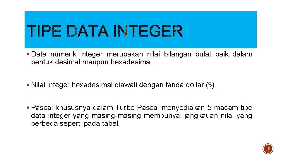 § Data numerik integer merupakan nilai bilangan bulat baik dalam bentuk desimal maupun hexadesimal. § Data numerik integer merupakan nilai bilangan bulat baik dalam bentuk desimal maupun hexadesimal.