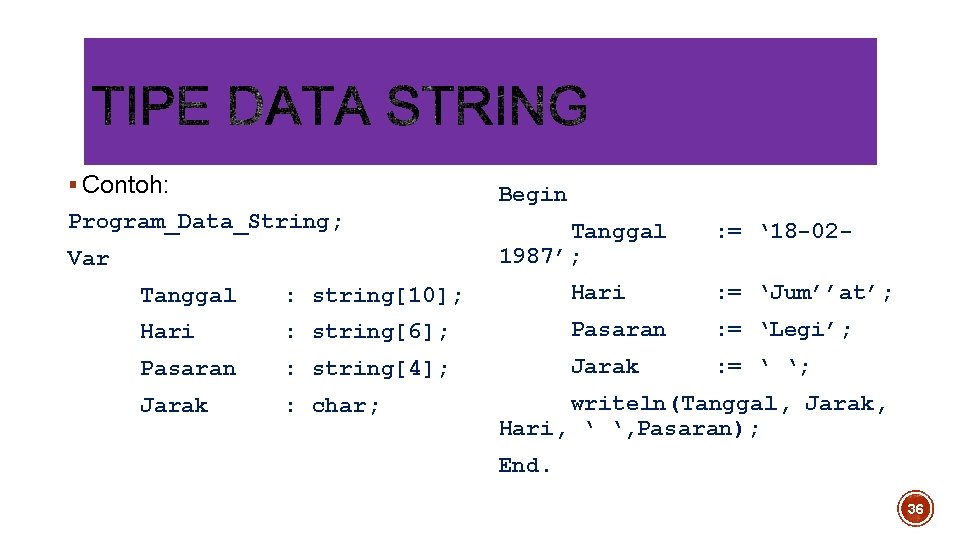 § Contoh: Begin Program_Data_String; Var Tanggal 1987’; : = ‘ 18 -02 - Tanggal
